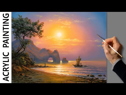 Видео: Acrylic Landscape Painting - Sea Sunset / Relaxing Art / Морской пейзаж. Уроки рисования. Живопись.