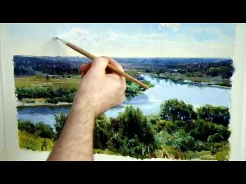 Видео: Видео урок масляной живописи. 2-х часовой этюд.  Пейзаж с рекой и далью.