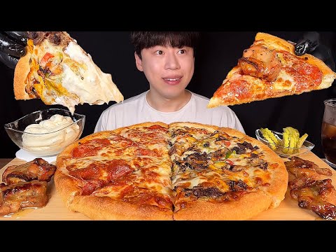 Видео: СУБ) Корейская еда, пицца на сковороде пепперони и курица с чесноком, мукбанг асмр