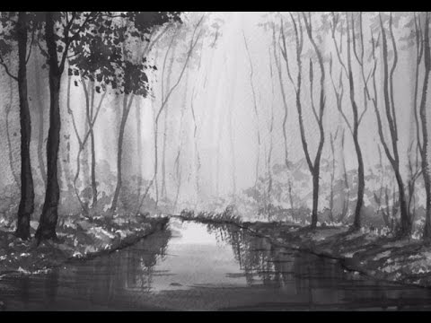 Видео: Гризайль1- Рисуем лес и реку акварелью.  Grisaille- Woodland and river