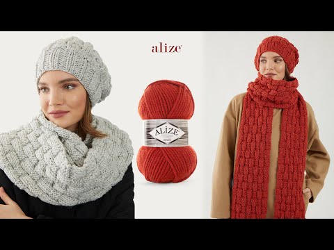 Видео: Шарф и шапка в технике «корзинка» с пряжей Alize Superlana Maxi