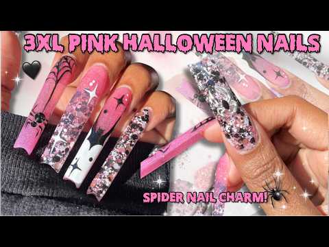 Видео: Набор из 3 шт. розовых и черных блестящих ногтей на Хэллоуин 🎀🖤 Жуткий французский нейл-арт с кры...