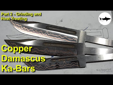 Видео: Изготовление трех медных дамасских ножей Ka-Bar - Часть 2 - Шлифовка и термообработка