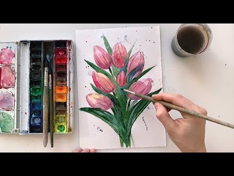 Видео: Как нарисовать тюльпаны акварелью. Рисуем тюльпаны. Цветы к 8 марта. Урок рисования для детей.