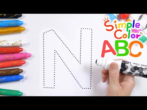 Видео: Изучите алфавит N, обрисовывая и раскрашивая алфавит желтым, небесно-голубым, черным простым цветом.