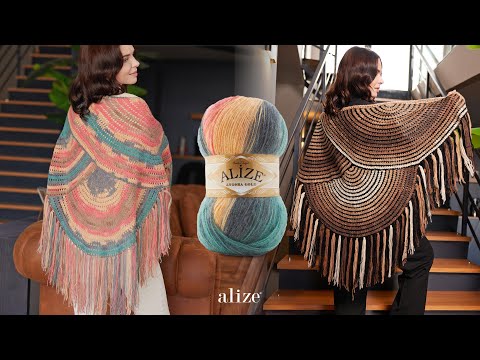 Видео: Веерная шаль крючком с Alize Angora Gold Batik