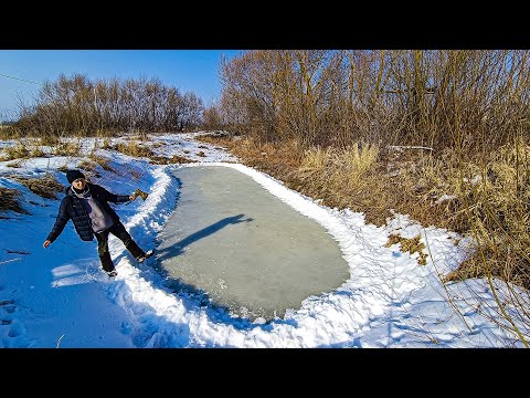Видео: Пруд на даче весной! Разбиваем толстый лёд на пруду!