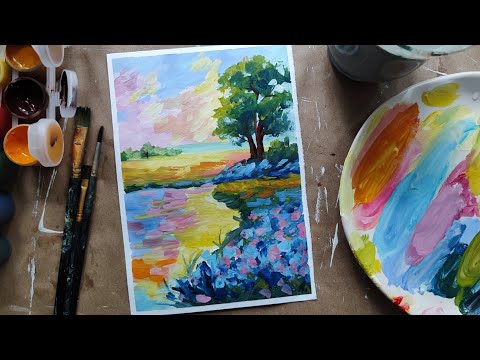 Видео: ЛЕТНИЙ ПЕЙЗАЖ 🌳🌅 гуашью