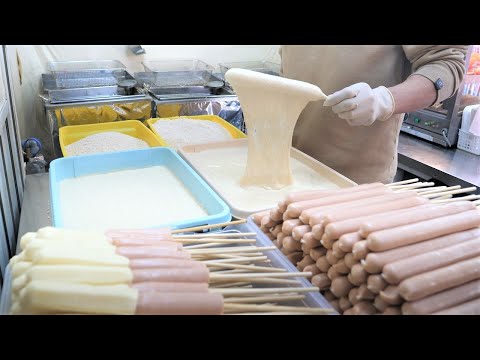 Видео: Корейская популярная закуска, Хот-дог с сыром моцарелла, кукурузной колбасой - Корейская уличная еда