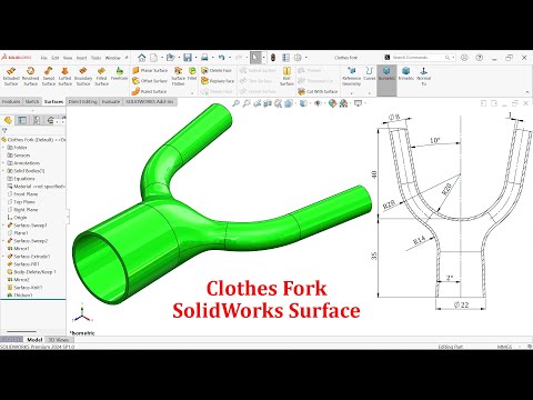 Видео: Учебное пособие по SolidWorks Surface. Моделирование вилок для одежды (заполненная поверхность, р...