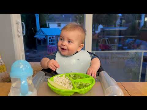 Видео: 10-месячный малыш пробует куриный салат, брокколи и соленые огурцы! (Милота!)