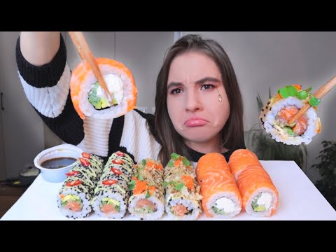 Видео: МУКБАНГ суши заболела астмой и где моя кошка? роллы с лососем mukbang sushi not asmr