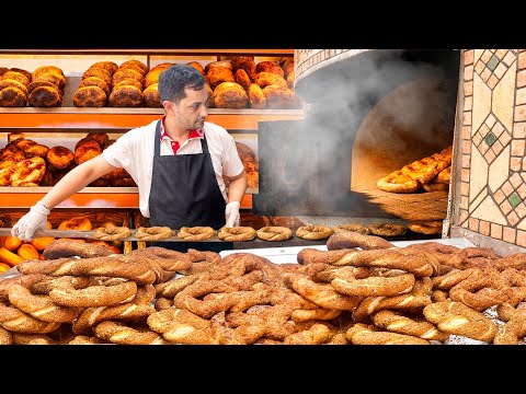 Видео: Традиционный турецкий симит: хрустящий бублик с кунжутом – турецкая уличная еда
