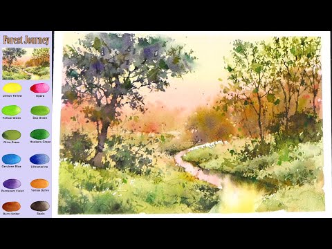 Видео: Без эскиза  Пейзаж Акварель -  Лесное путешествие  (просмотр смешения цветов)