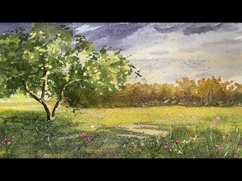 Видео: Как рисовать летнее дерево, траву, тучи акварелью. How to paint summer tree, grass, clouds with WC