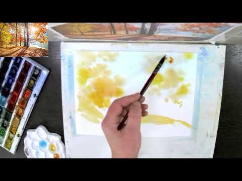 Видео: Осенняя набережная - акварель для начинающих