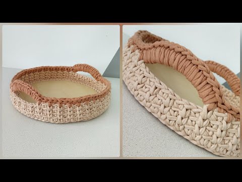 Видео: Поднос крючком. Корзина с ручками из пряжи с деревянным дном Большая корзина из пряжи Crochet basket