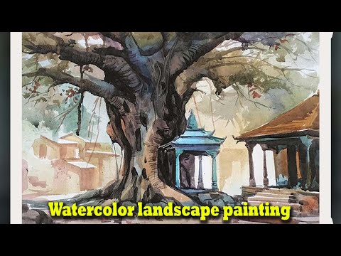 Видео: Полная демо-версия акварельного пейзажа в деревне Конкан, старый храм