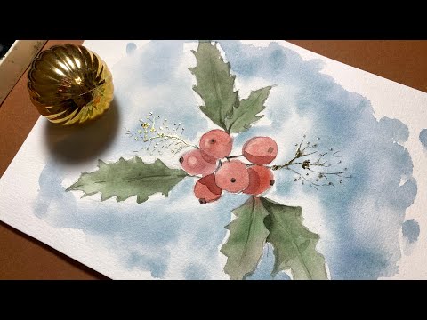 Видео: Новогодние рисунки каждый день. Рисуем остролист акварелью