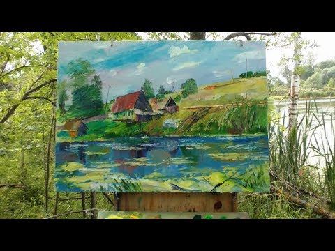 Видео: Картина маслом поэтапно "Дом на берегу озера". Рисуем мастихином