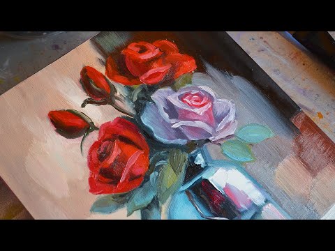 Видео: Этюд с розами в банке, картина маслом