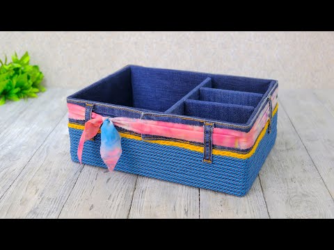 Видео: Стильный органайзер из картонной коробки и старых джинсов DIY