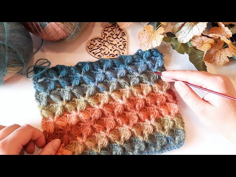 Видео: Вяжем рельефный узор с пышными столбиками крючком. (N 8)