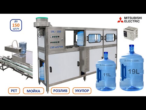 Видео: Линия розлива, Розлив воды в бутыли, 19 л, 150, 120, 80, бутылок, триблок, моноблок, мойка, укупорка