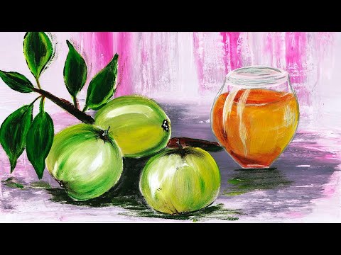 Видео: Как нарисовать натюрморт. Нарисуем яблоки и банку меда. Правополушарное рисование. Ветка яблок.