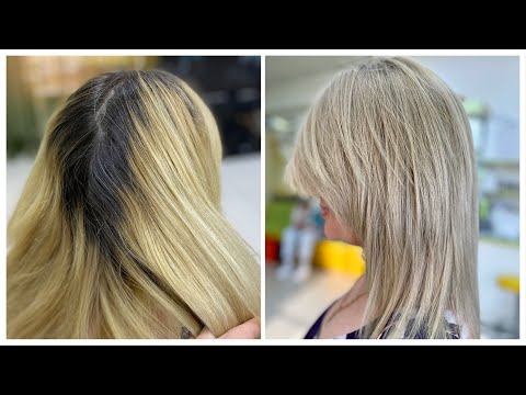 Видео: Пшеничный холодный блонд, из темных отросших волос без обесцвечивания - осветление волос краской
