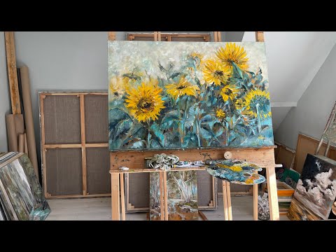 Видео: 🌻🌻🌻🎨Подсолнухи маслом- многослойная картина большого формата 🌞 | художник Анна Гуречкина
