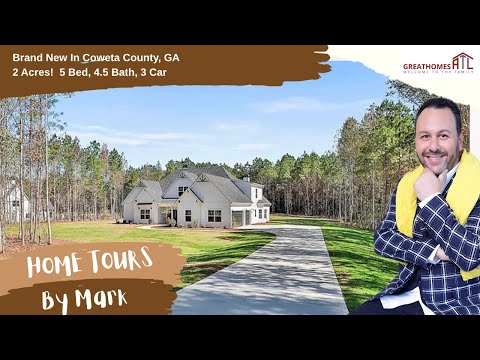Видео: 2 акра! Совершенно новый дом в округе Коуэта, штат Джорджия! 5 спален, 4,5 ванных комнаты, 3 маши...