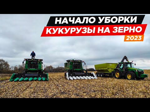 Видео: СТАРТ уборки кукурузы: два комбайна John Deere, один бункер-перегрузчик Fliegl и четыре Камаза.