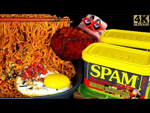 Видео: [ASMR MUKBANG] острая жареная куриная лапша, острая гигантская колбаса "СПАМ" (4K)