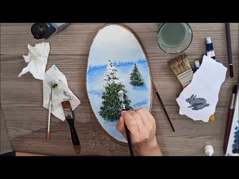 Видео: Зимний лес на спиле дерева/ Картинка акрилом/ DIY/ Рисуем ёлочку акрилом