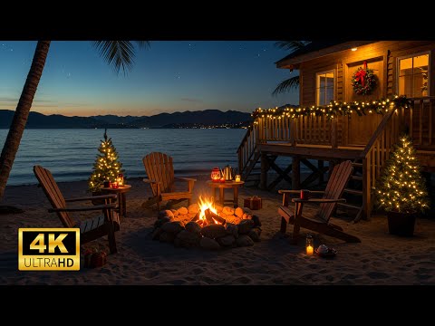 Видео: Праздничный камин у океана с нежными волнами | Расслабляющие звуки огня для сна | Камин 4K