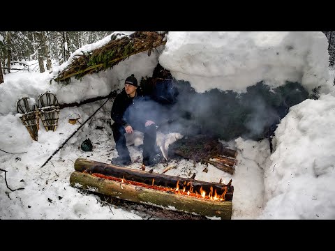 Видео: Ночёвка в укрытии из выворота корня - Изготовление Снегоступов и Лучковой пилы -Таежный костер Нодья