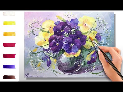 Видео: Анютины глазки. Букет. Как нарисовать цветы 🎨АКРИЛ! Сезон 9-7 | Мастер-класс ДЕМО