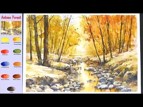 Видео: Без эскиза  Пейзаж Акварель -  Осенний лес  (просмотр названия цвета,  материал представить)