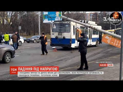 Видео: У Львові дві електроопори впали на тролейбус та автомобіль