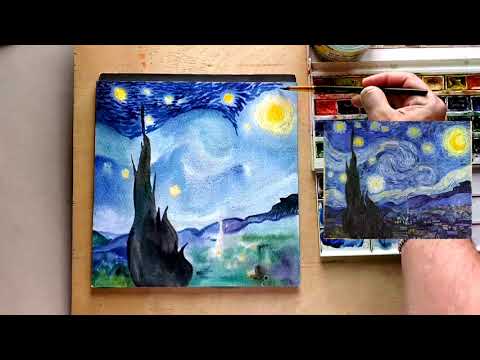 Видео: Звёздная ночь Ван Гога. Пейзаж акварелью #ВанГог #VanGogh