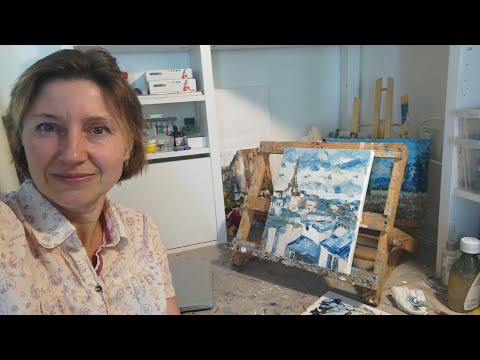 Видео: Рисую в эфире лайф. Пасмурный Париж, крыши, облака. Рисуем мастихином