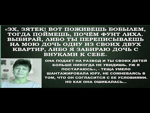 Видео: Поживешь бобылем, тогда сразу примешь мои условия.Иначе,моя дочь подает на развод,-вещала теща зятю