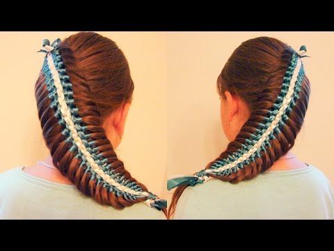 Видео: Коса Рыбка Ёлочка с тремя лентами. Модель. Причёска в школу. Видео-урок