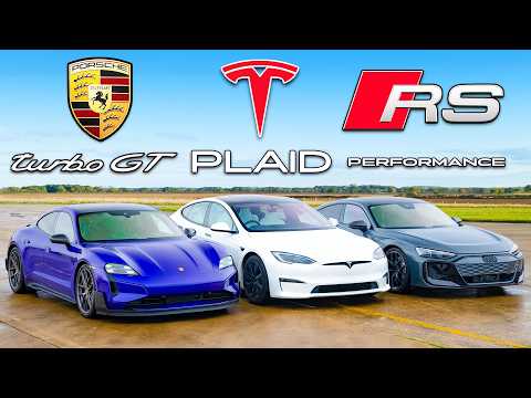 Видео: Кто победит в заезде: Porsche Taycan Turbo GT или Tesla или же Audi RS GT?