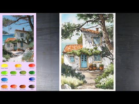 Видео: Пейзаж Акварель - Seaside House (видео 3X скорость, название цвета вид)