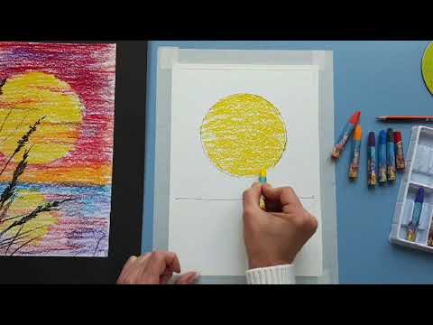 Видео: Видеоурок по Изо для детей начальной школы. Пейзаж масляной пастелью" Закат у озера "
