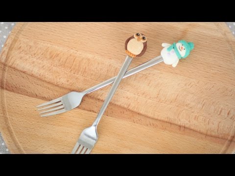 Видео: Снеговик и сова из полимерной глины. Декор десертной вилки, ложки