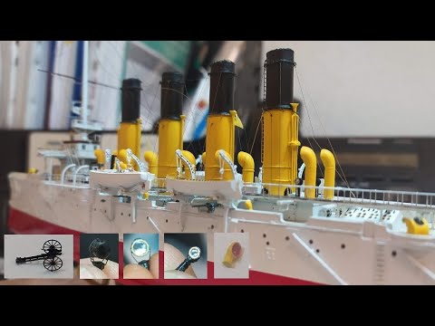 Видео: Крейсер Варяг Звезда 1:350. Часть 13. Установка 4 трубы. Новые прожекторы и орудия. Шлюпки и прочее