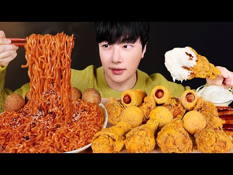 Видео: Острая огненная курица Лапша и курица BHC Bburinkle Mukbang asmr🔥✨(ft. Cheeseballs, Corndog)